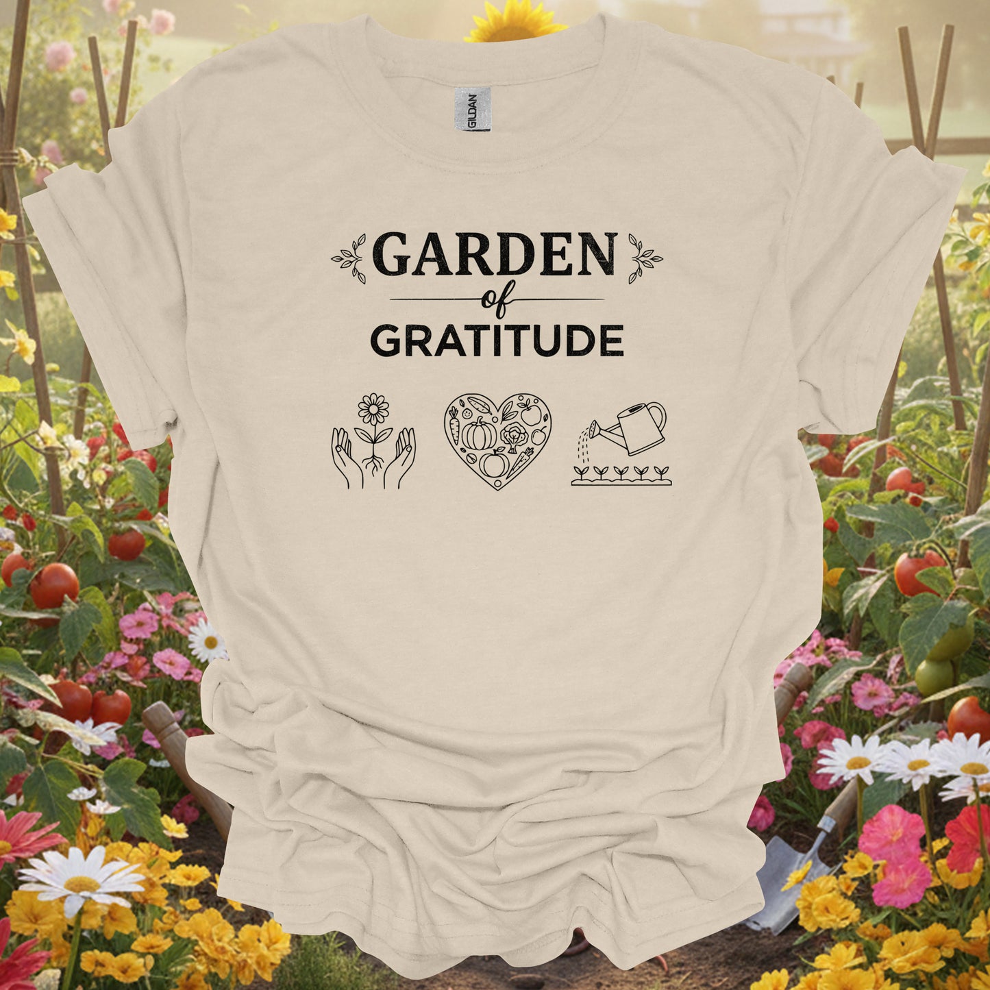 Natural tshirt showing garden of gratitude inspirational vintage for people who love plants