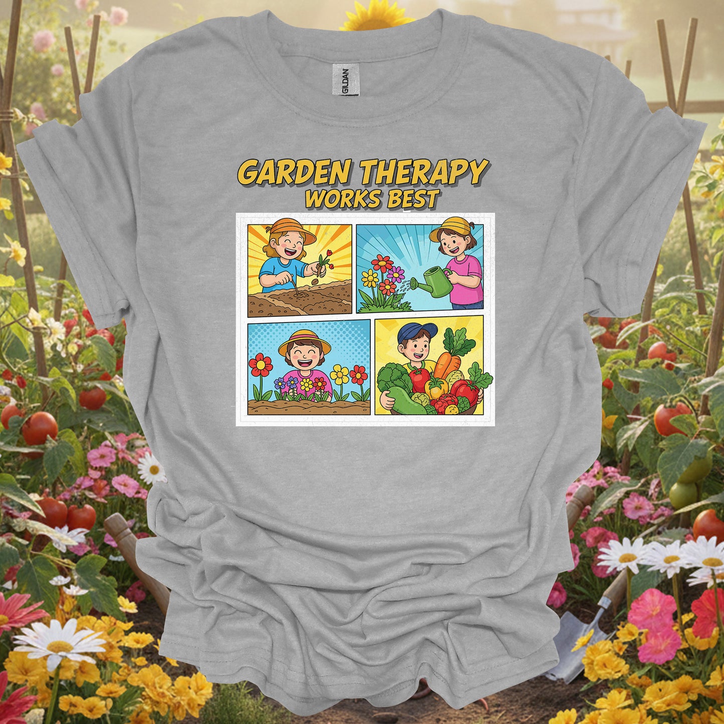 "Garden Therapy Works Best" Comic Panel Tee Gardening Shirt