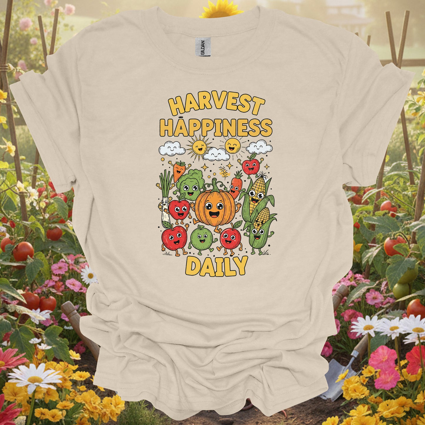"Harvest Happiness Daily" Cartoon Vegetable Produce Gardening Shirt