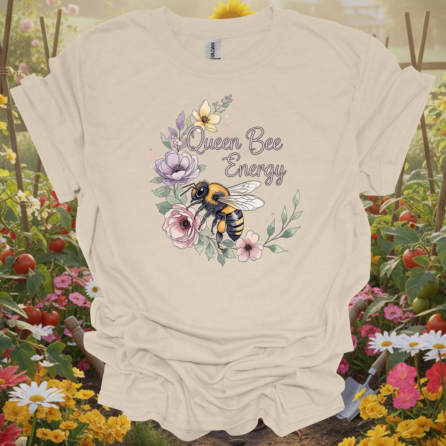 Natural apparel featuring a botanical honeybee wreath design on a soft shirt that honors our important pollinators.