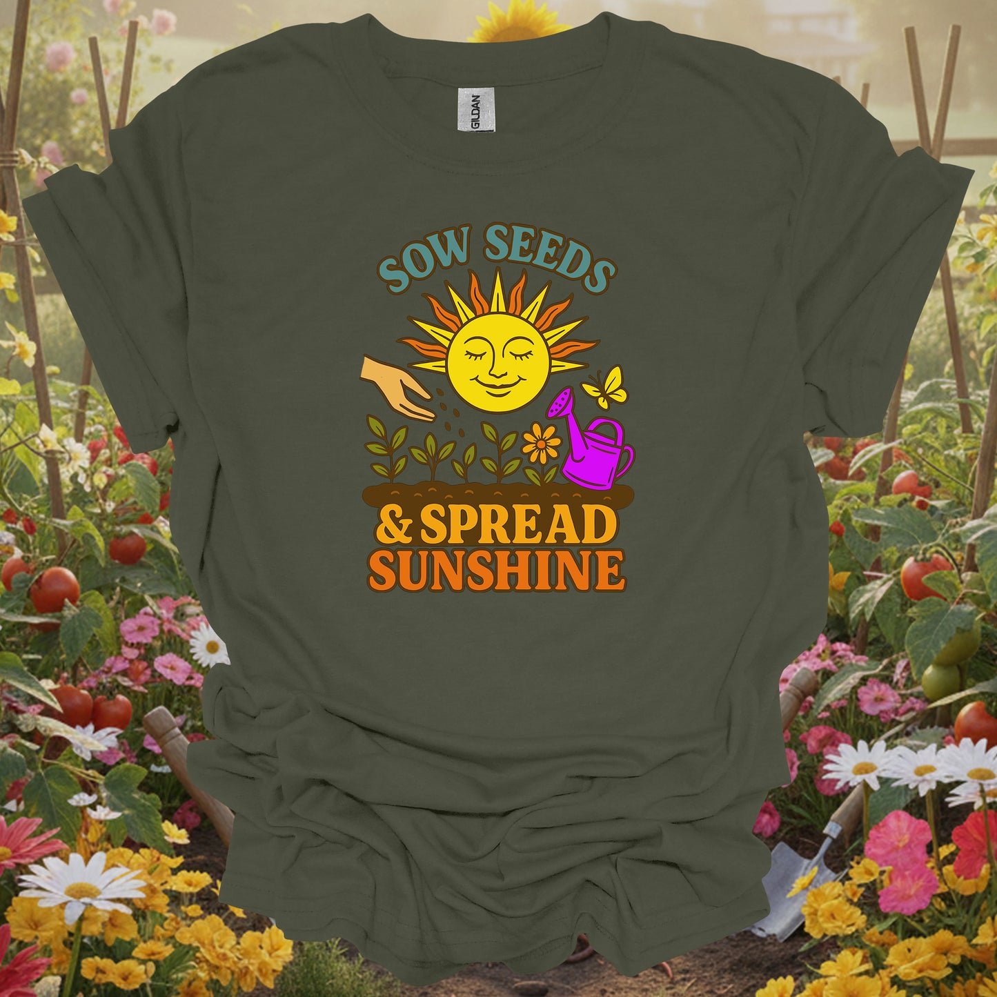 Military Green gardening tee with a retro-inspired storybook look that serves as a functional piece of art for growers.