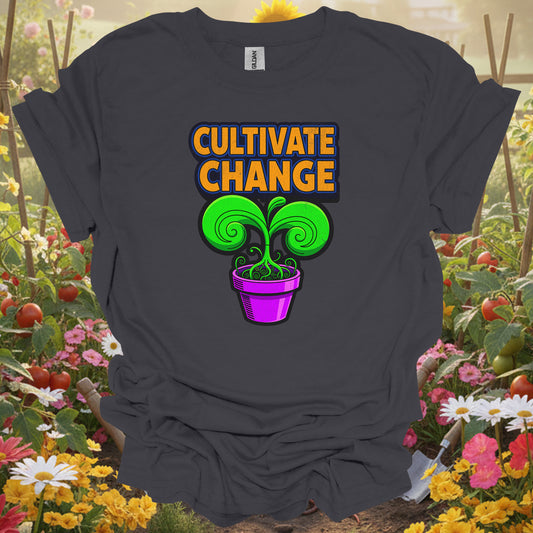 Charcoal tee featuring a psychedelic sprout design that celebrates the rewarding labor of intentional growth.