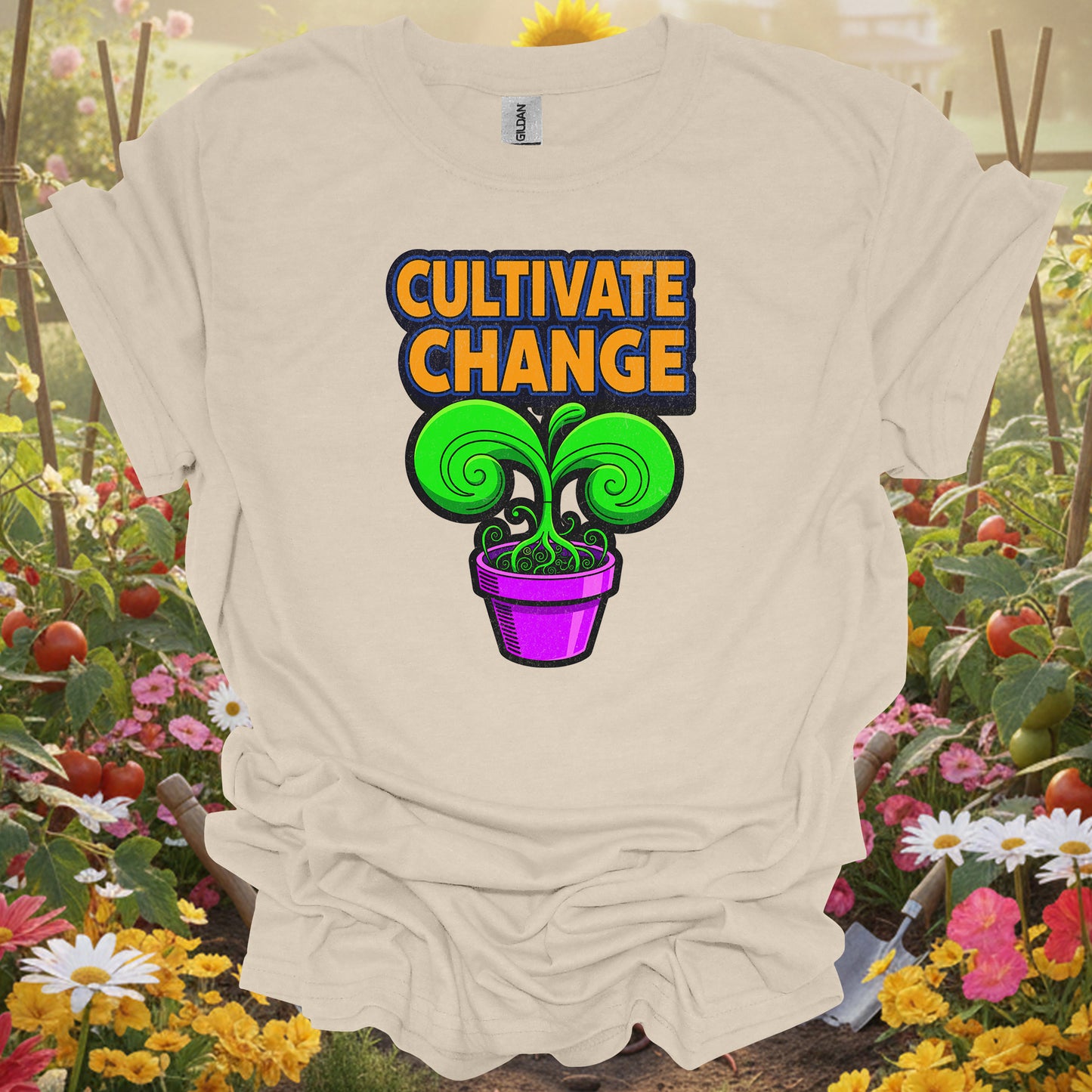 Military Green gardening tee with a retro-inspired storybook look that serves as a functional piece of art.