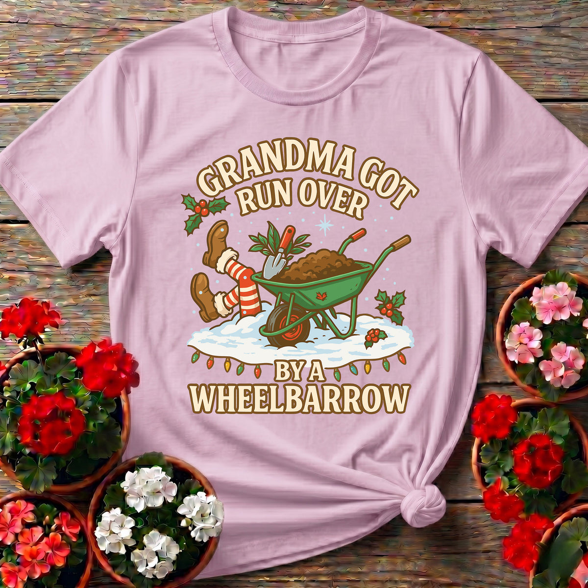 Light Pink holiday gag gift gardening shirt with wheelbarrow Christmas song parody for funny gardeners