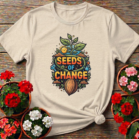Natural warm illustrated apparel with "Seeds of Change" for seed-saving thoughtful gardeners