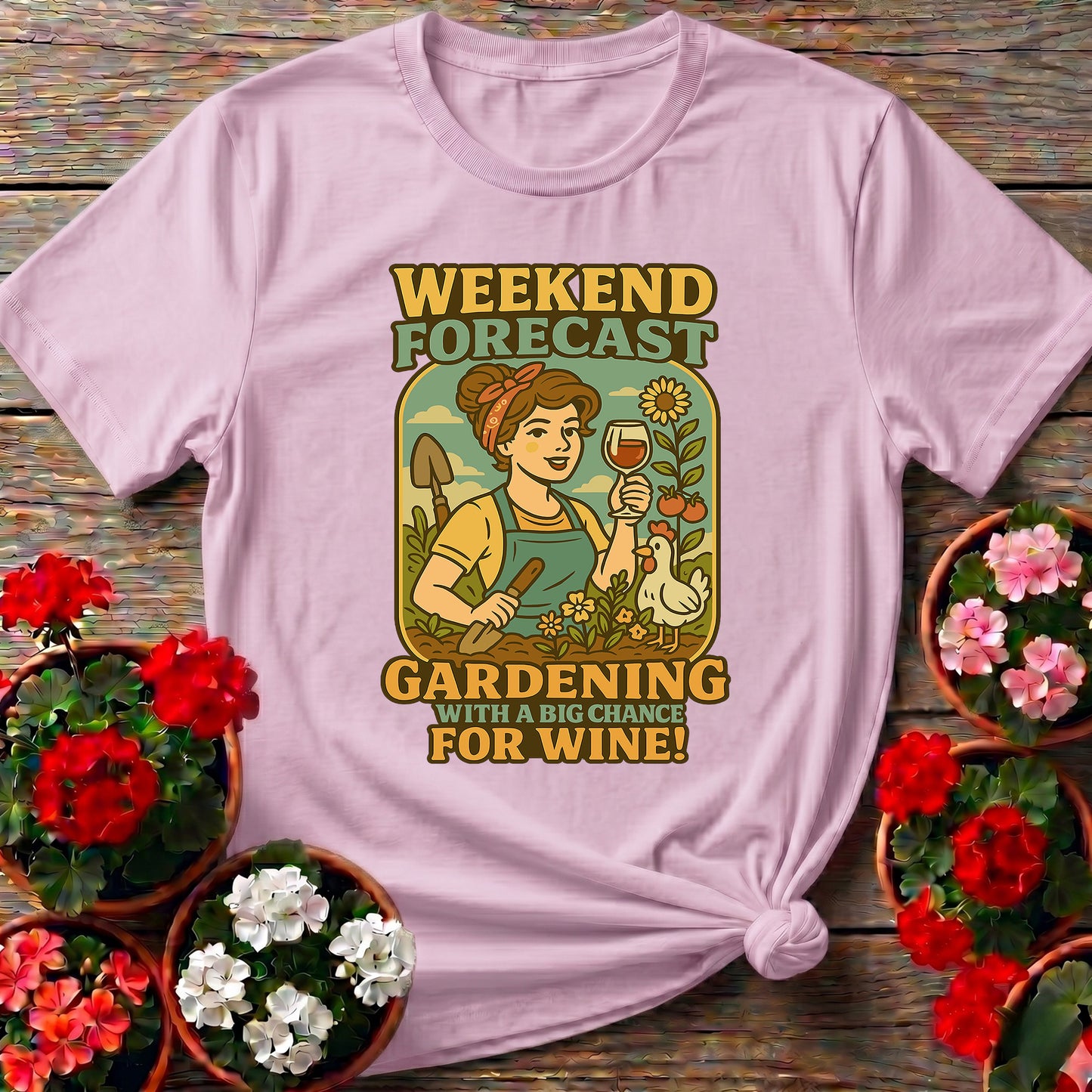 Gardening With A Chance For Wine Retro Pin-Up Tee