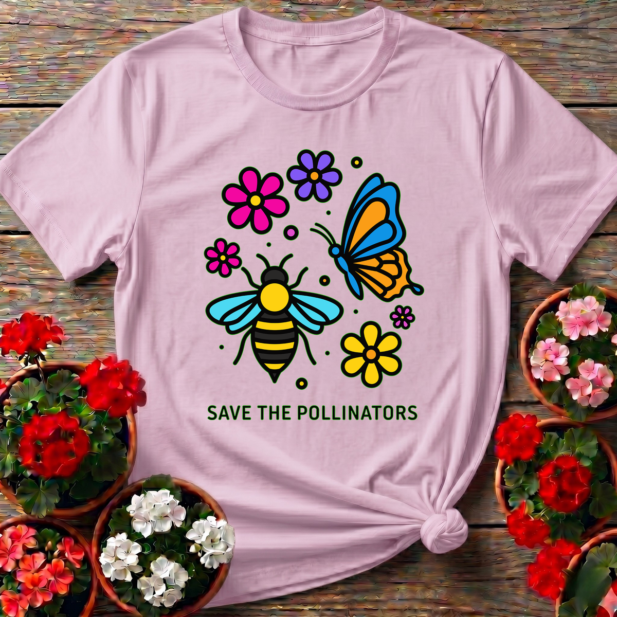 Light Pink soft bright gardening t-shirt with "Save The Pollinators" for flower and bee enthusiasts