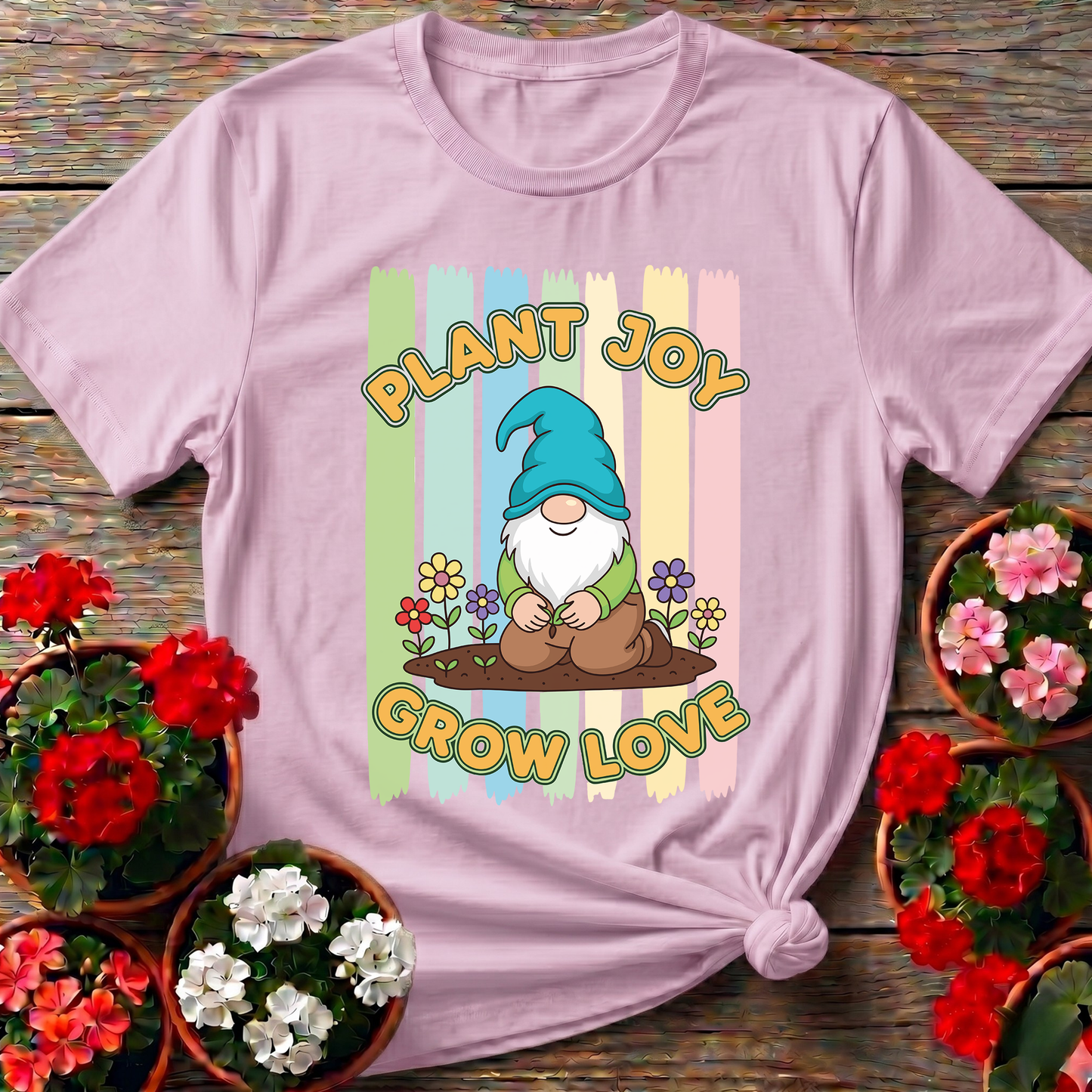 Plant Joy Grow Love Whimsical Garden Gnome T-shirt
