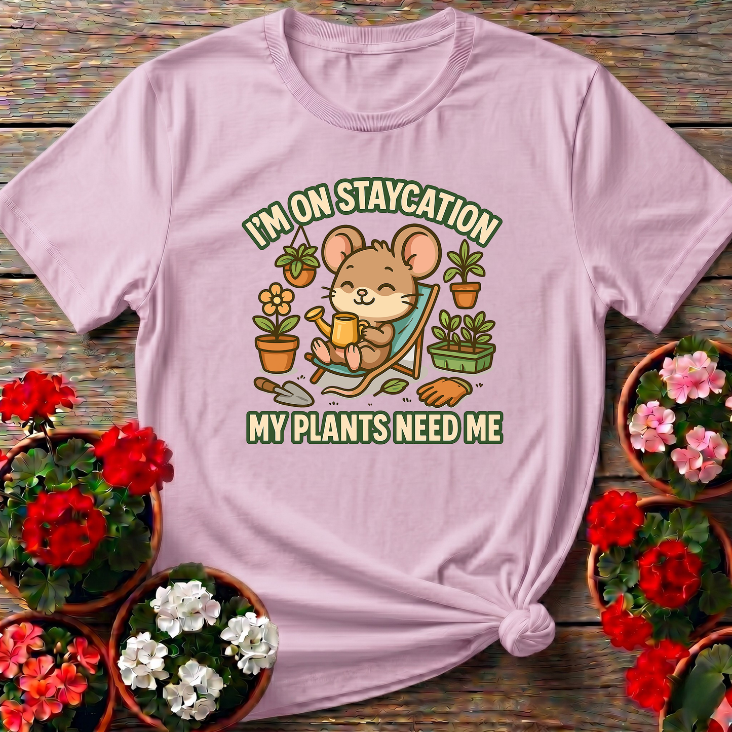 Im On Staycation My Plants Need Me Funny Mouse Tee