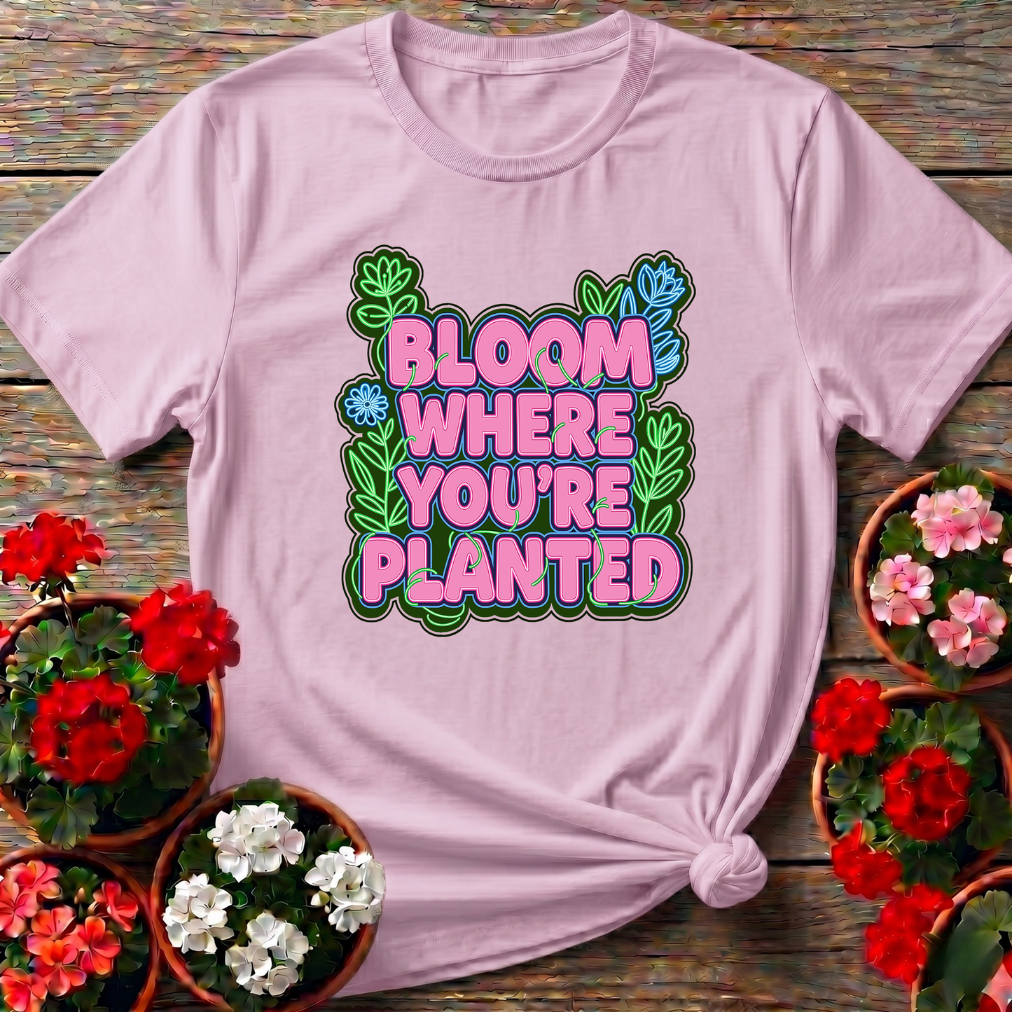 Bloom Where You're Planted Neon Garden Statement Tee