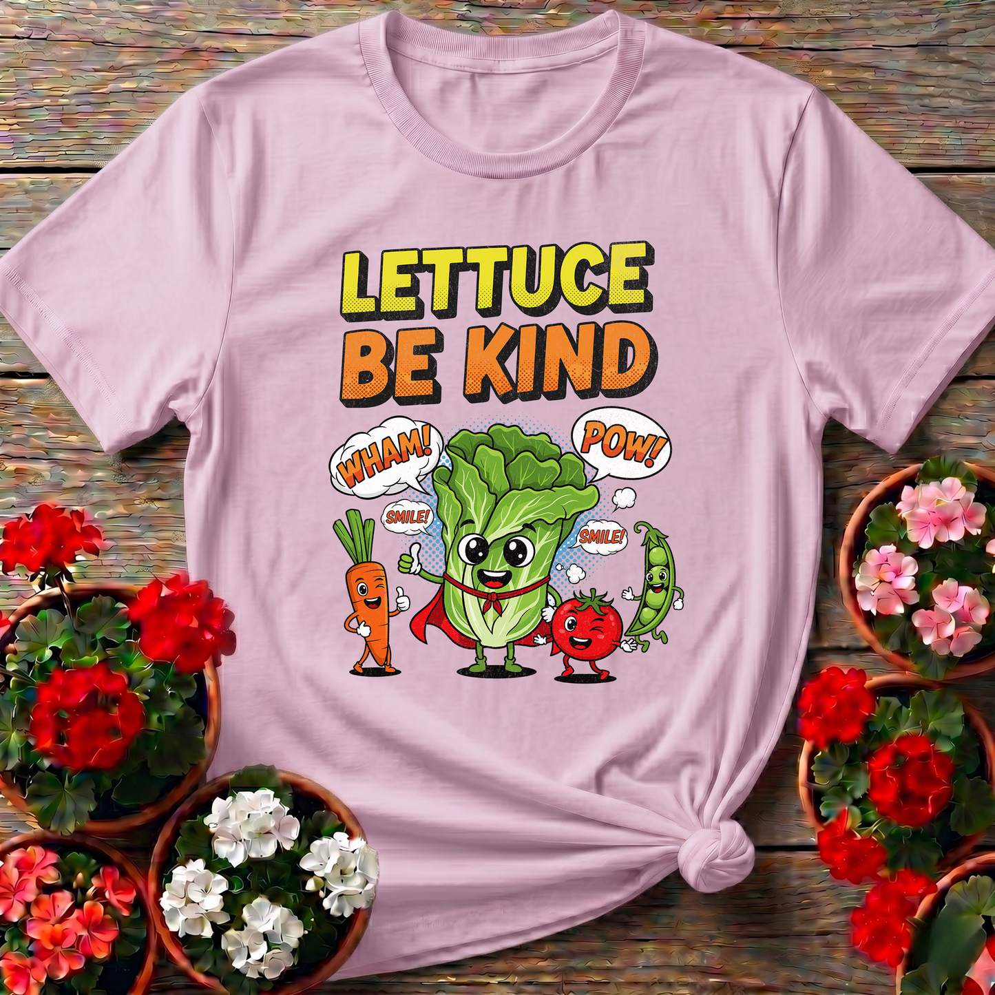 Lettuce Be Kind Comic Style Vegetable Superhero T-shirt