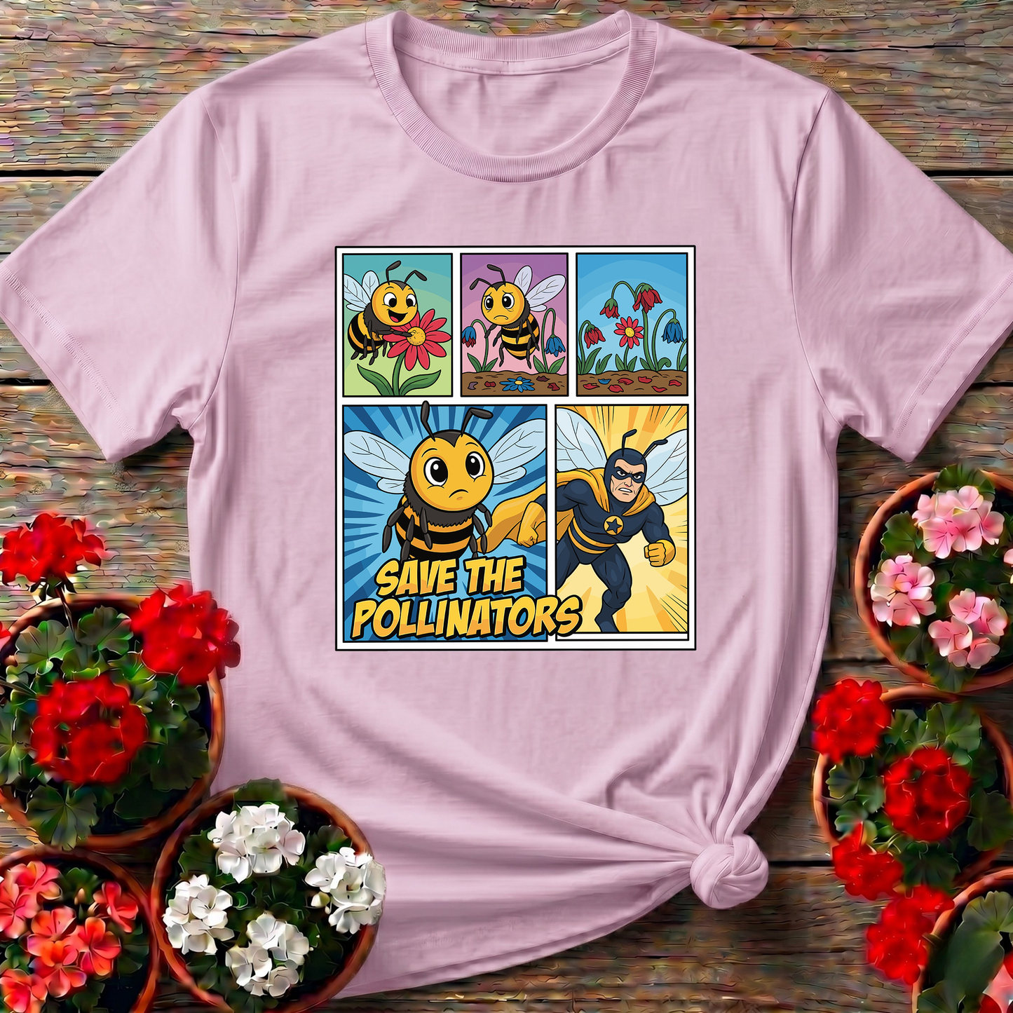 Save The Pollinators Comic Bee Superhero Tee