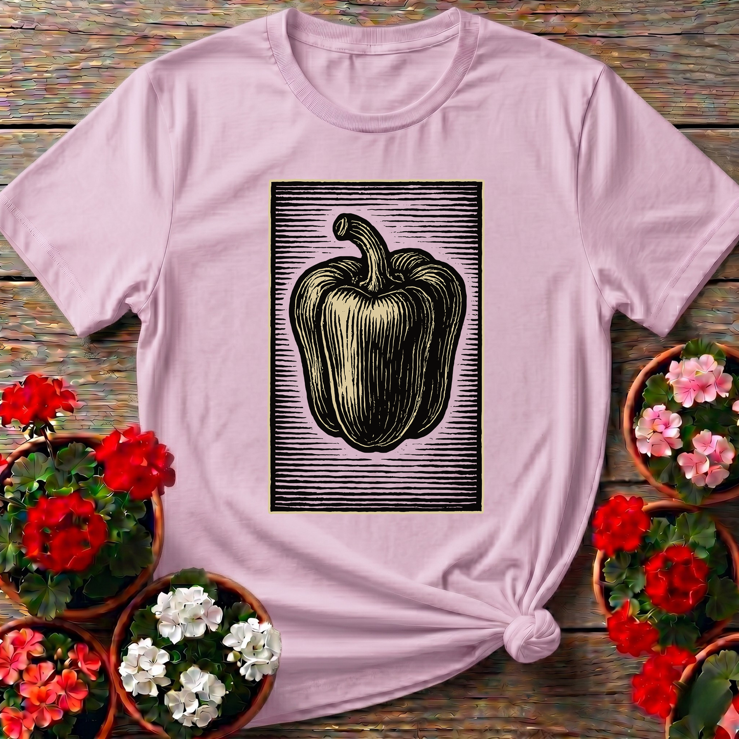 Vintage Woodcut Bell Pepper Gardening T-Shirt