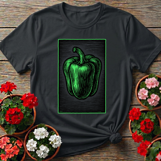 Vintage Green Bell Pepper Woodcut Gardening T-Shirt
