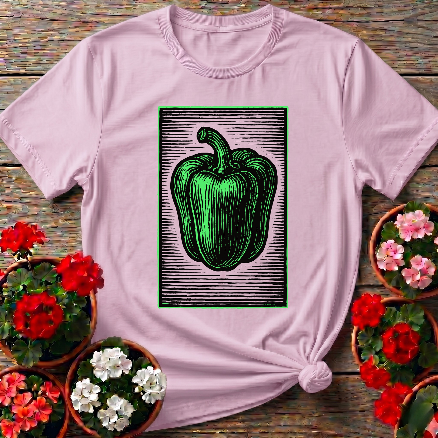 Vintage Green Bell Pepper Woodcut Gardening T-Shirt