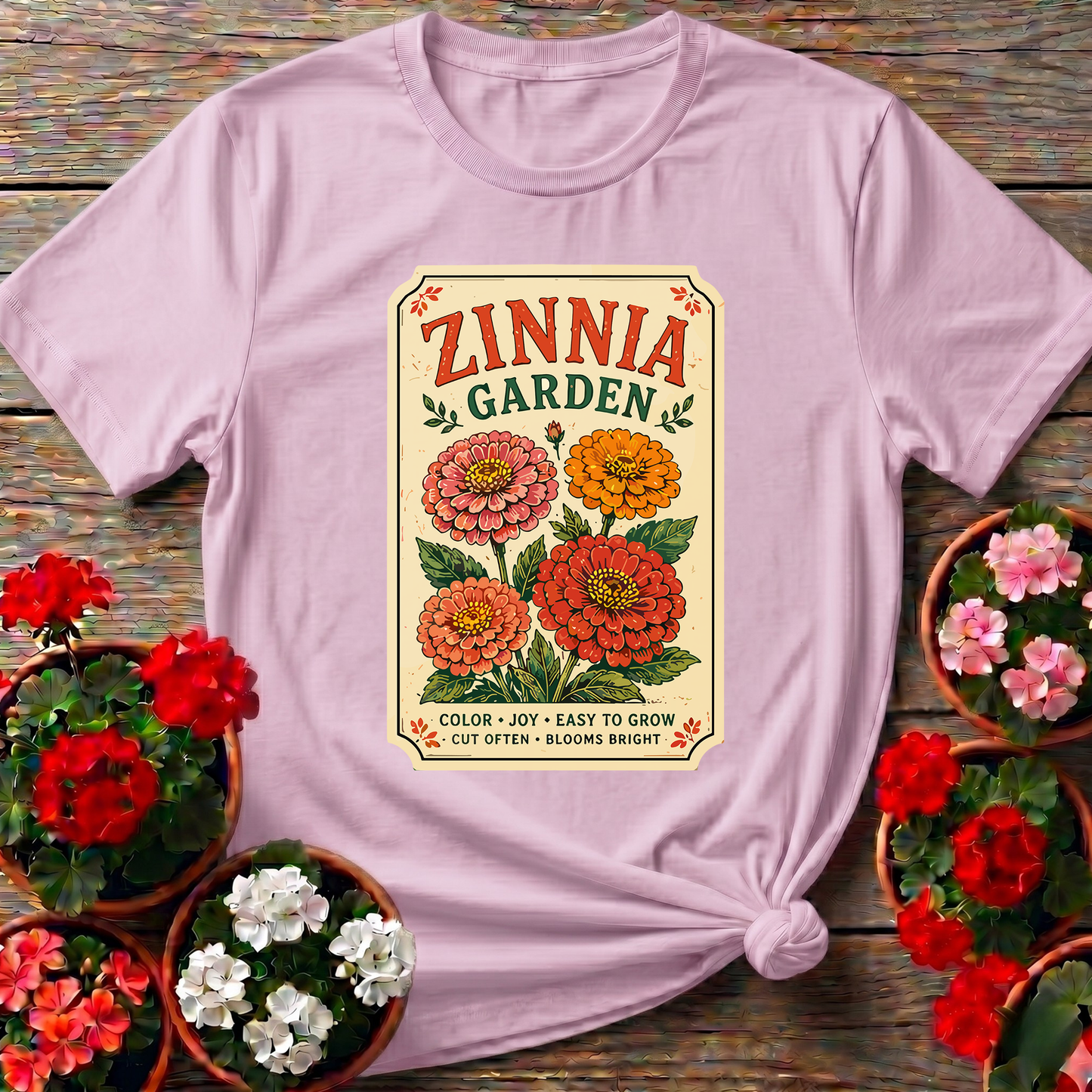 Zinnia Garden Seed Packet Vintage Floral Gardening T-Shirt