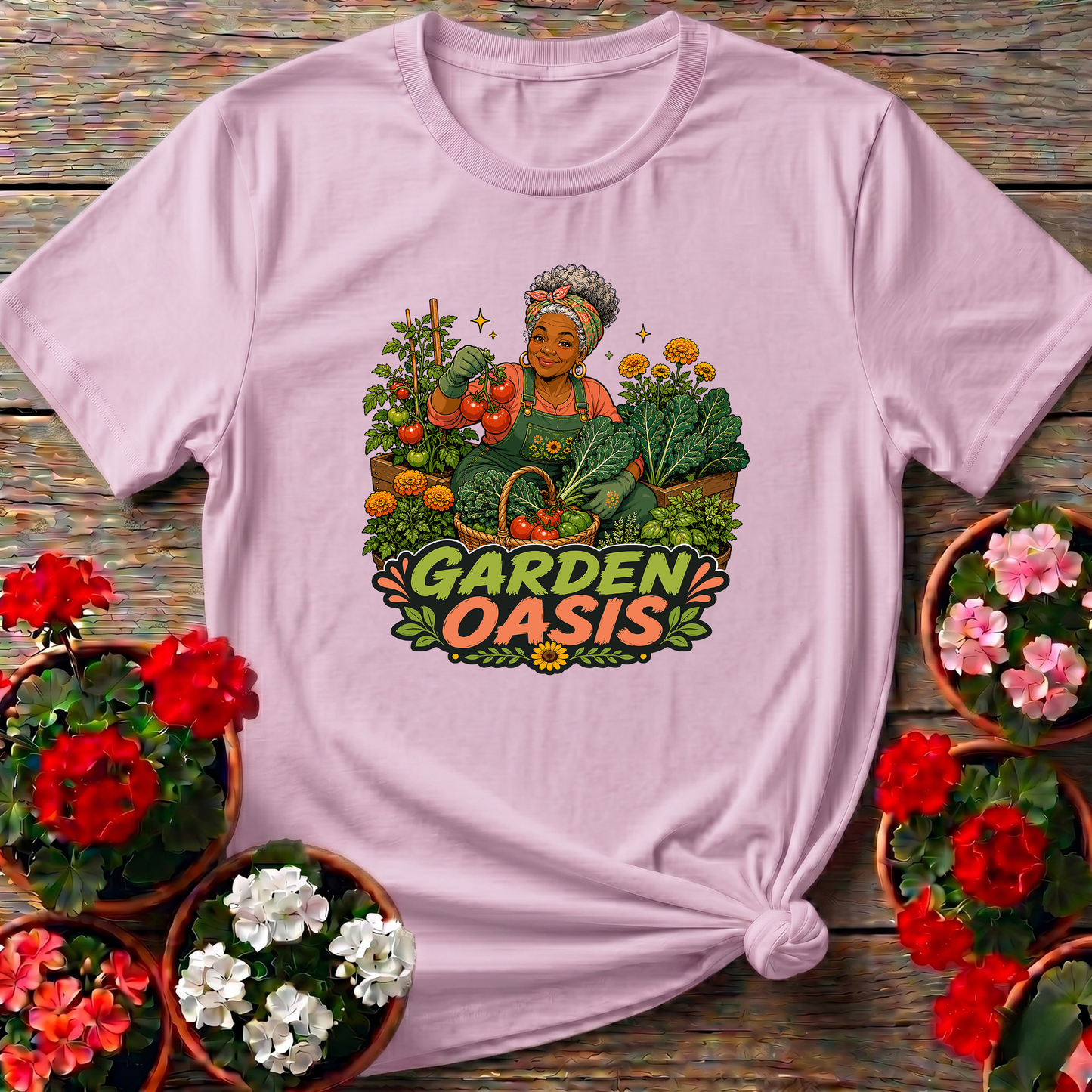 Garden Oasis Black Woman Gardener Vegetable Garden Tee