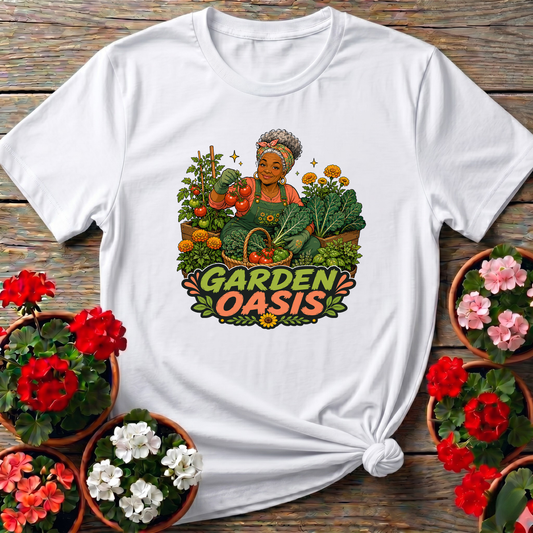 Garden Oasis Black Woman Gardener Vegetable Garden Tee