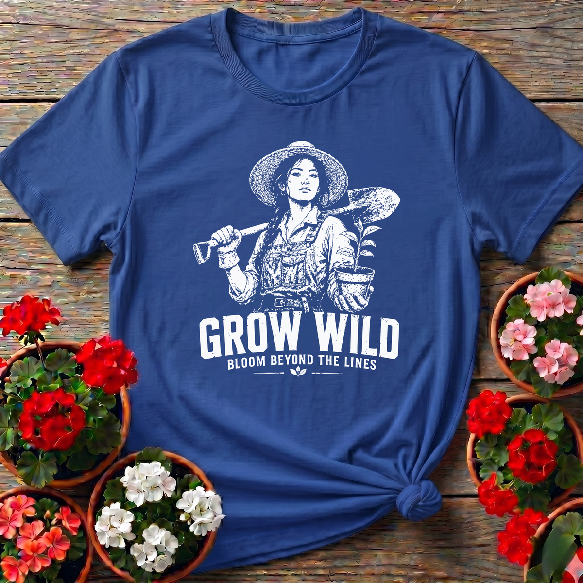 Royal rugged cottagecore gardening shirt "Grow Wild Bloom Beyond the Lines" for the woman with a shovel and a plan
