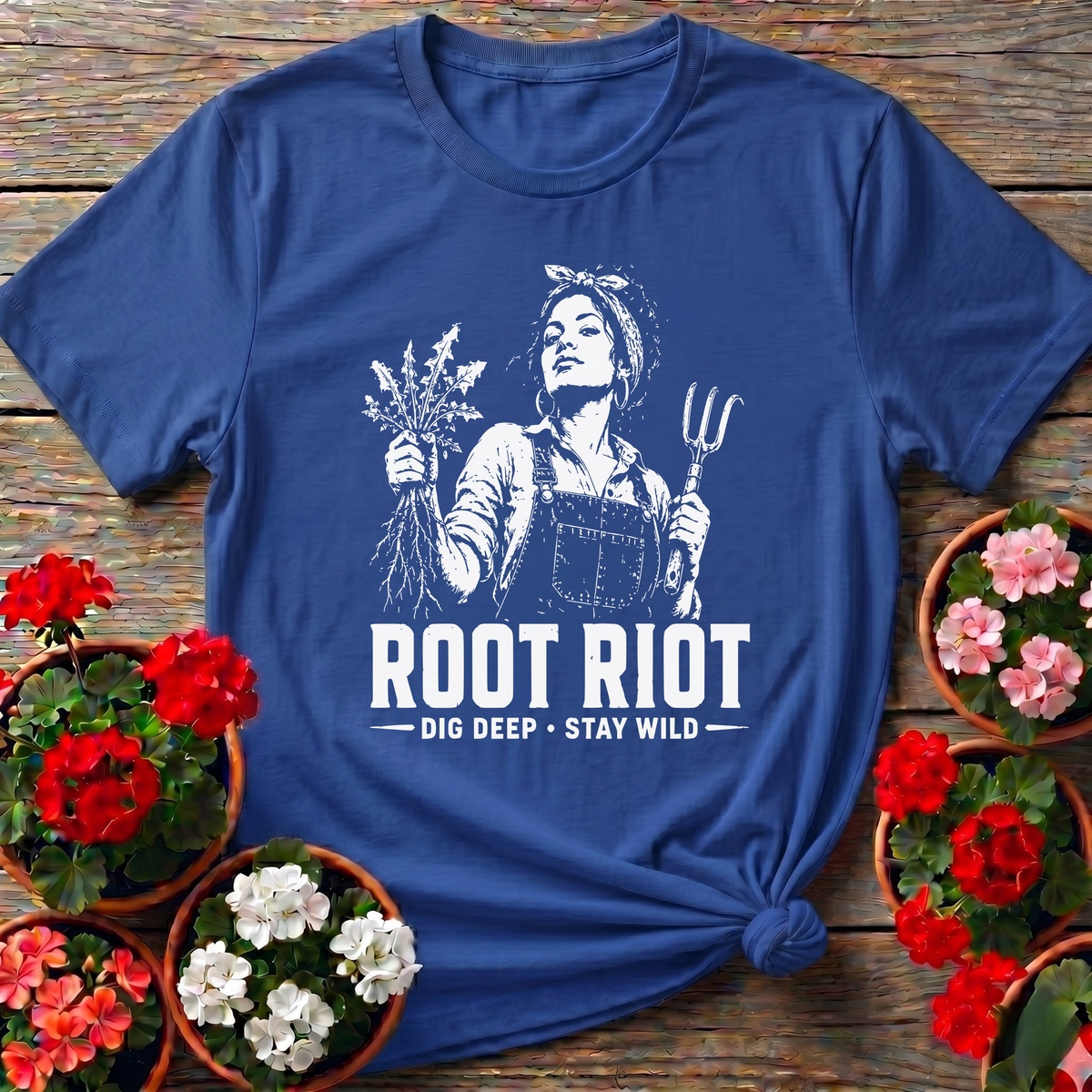 Royal bold graphic distressed gardening tee "Root Riot Dig Deep Stay Wild" for homestead gardeners