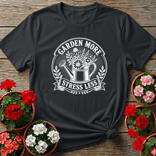 Garden More Stress Less Floral Watering Can Gardening Tee