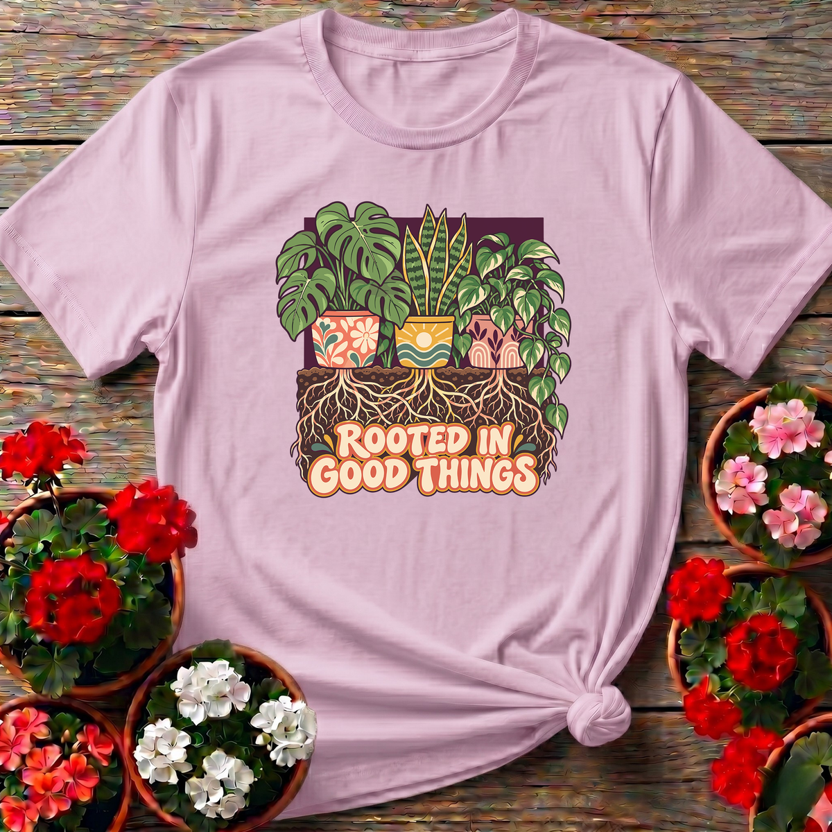Rooted In Good Things Houseplant Gardening T-Shirt