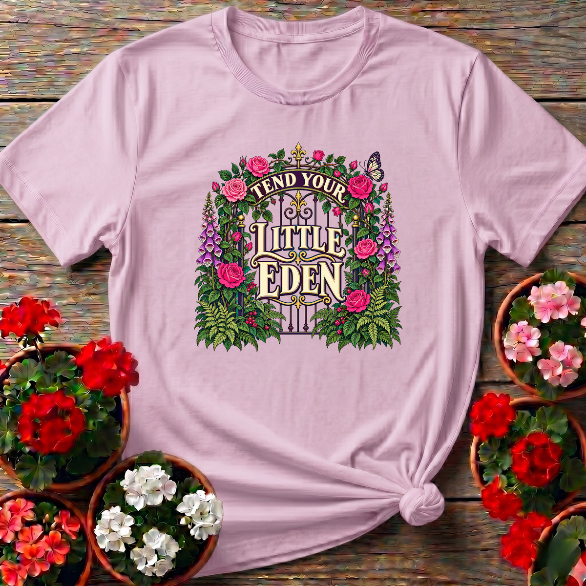 Tend Your Little Eden Floral Garden Gate T-Shirt