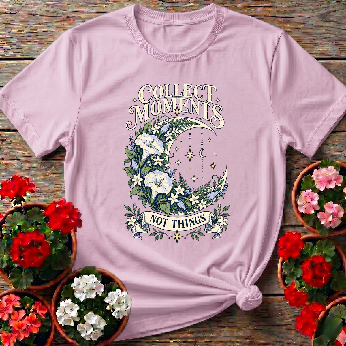 Collect Moments Not Things Floral Moon Gardening Tee