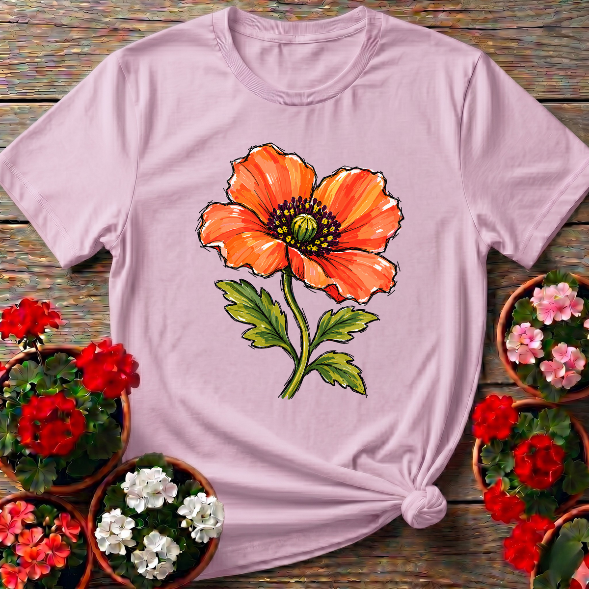 Orange Iceland Poppy Marker Style Gardening T-Shirt