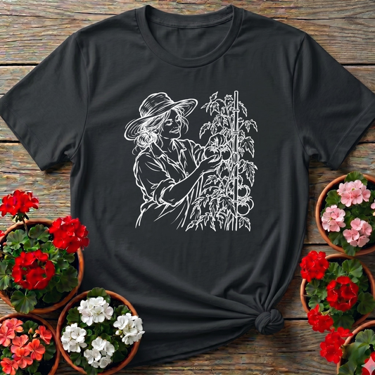 Woman Picking Tomatoes Line Art Gardening Tee