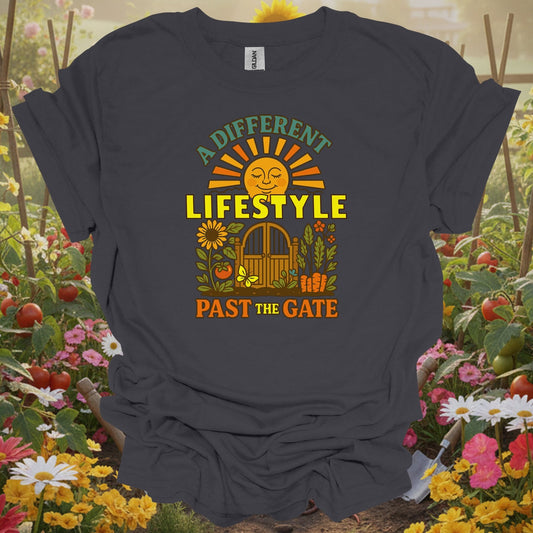 Charcoal tee showing a different lifestyle past the gate retro for plant lovers