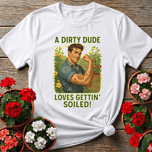 White vintage mid-century style funny gardening shirt with flexing gardener illustration for male gardeners