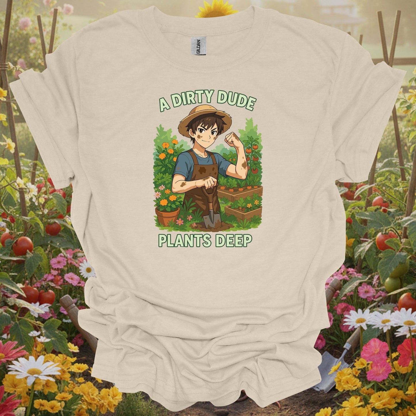 Natural gardening shirt with anime vegetable gardener digging deep for vegetable gardeners, homesteaders, dirty hands garden crew