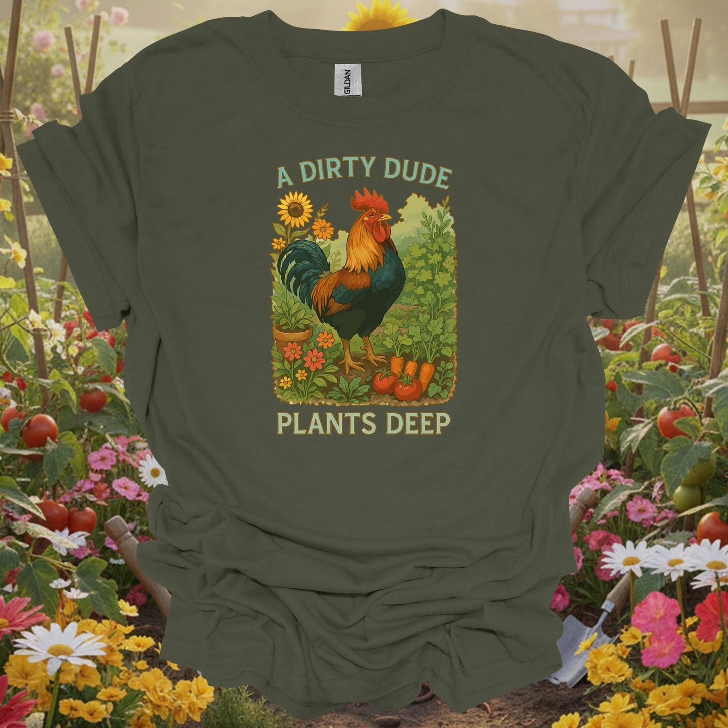 Military Green tshirt showing dapper rooster farm statement with masculine garden style for gardeners with personality