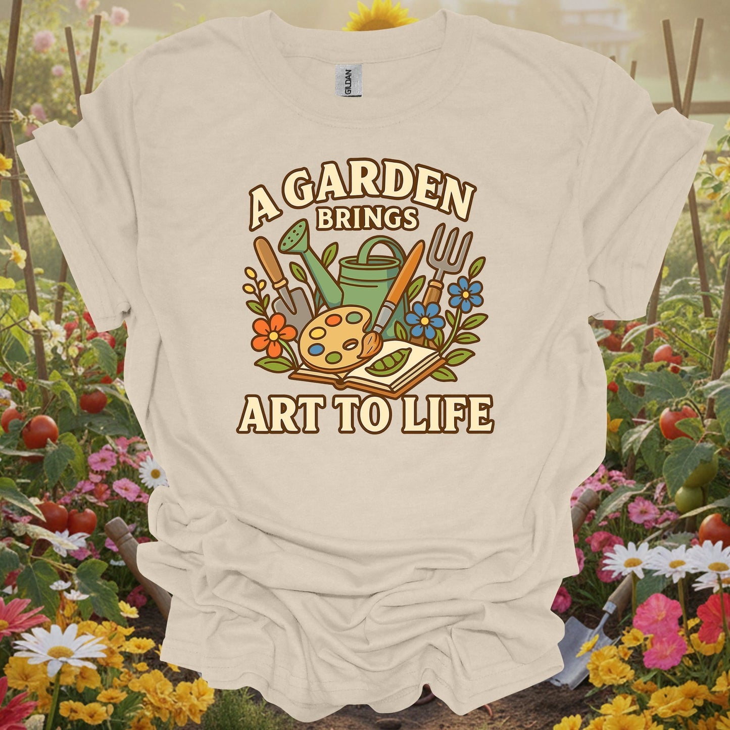 Natural tshirt showing colorful painterly garden brings art to life design for gardeners with artistic vision