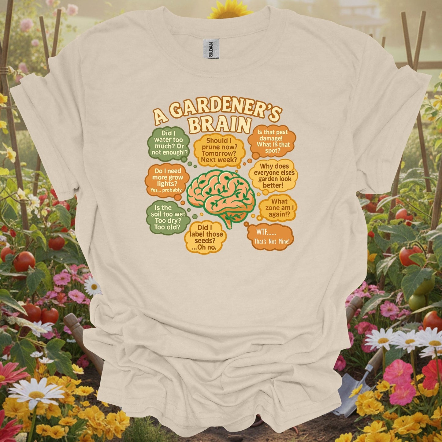Natural tshirt showing a gardeners brain funny overthinking plant for people who love plants