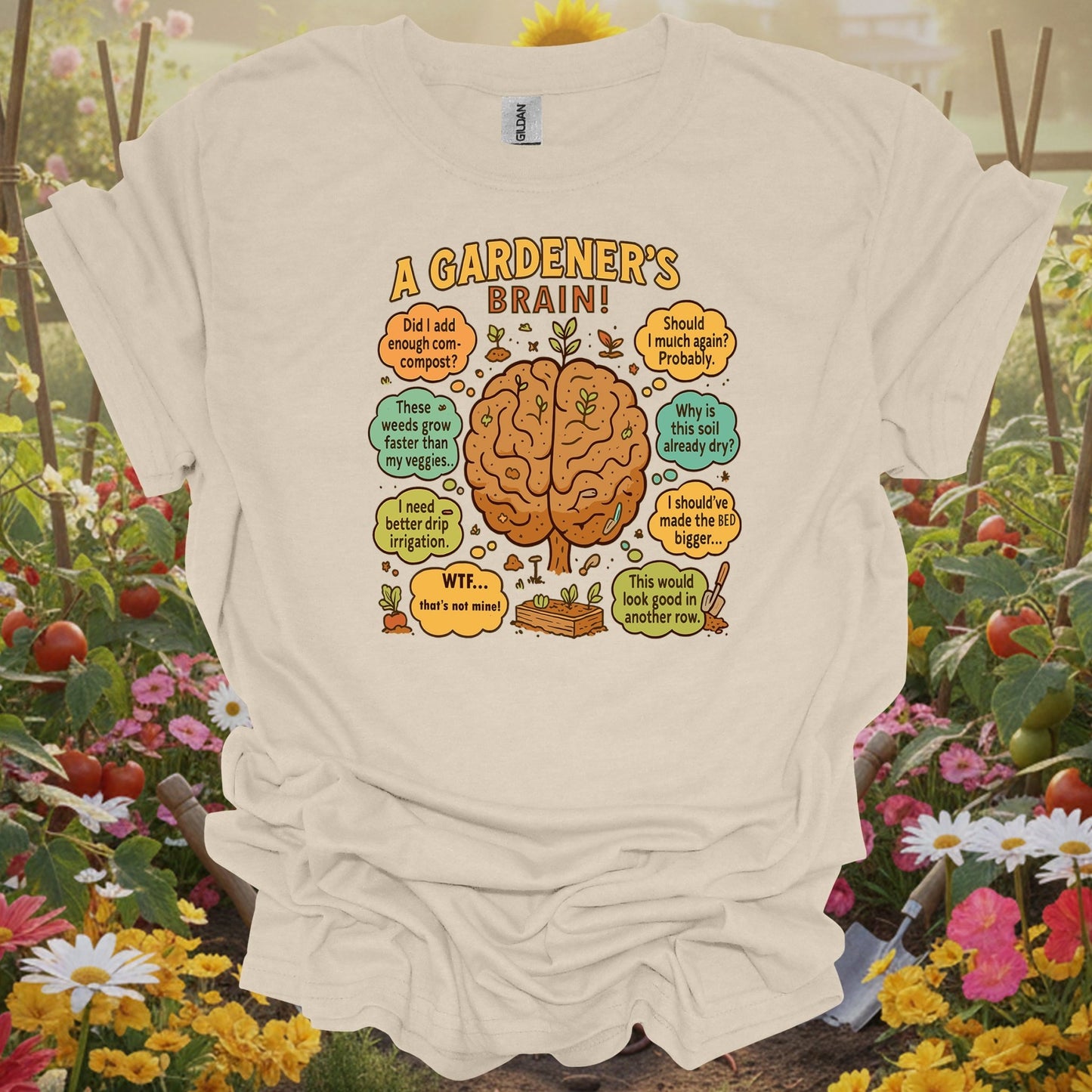 "A Gardener's Brain" Funny Raised Bed T-Shirt - GardeningTshirts