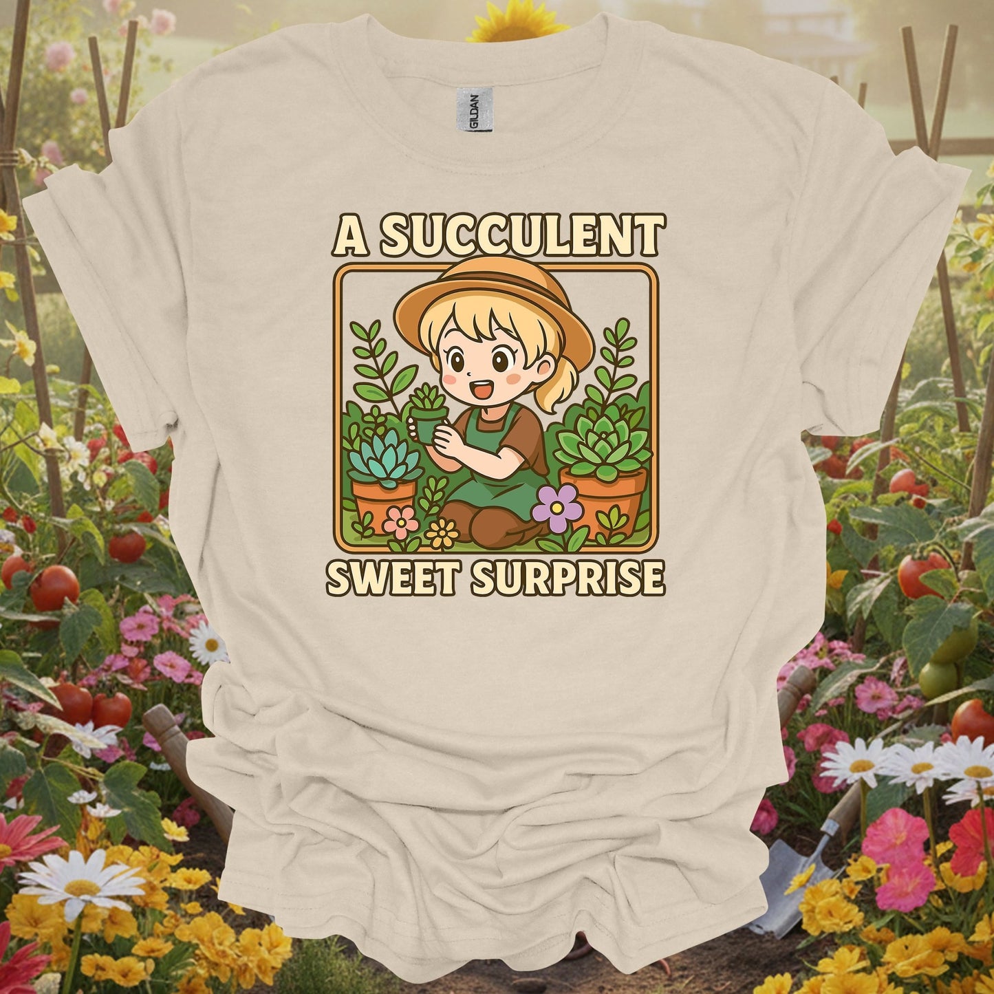 Natural apparel featuring a sweet surprise theme on a soft shirt that perfectly captures a playful and radiant spirit.