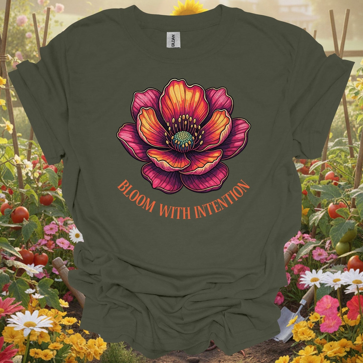 Aesthetic Botanical Mindful Growth Distressed "Bloom With Intention" Vibrant Flower T-Shirt - GardeningTshirts