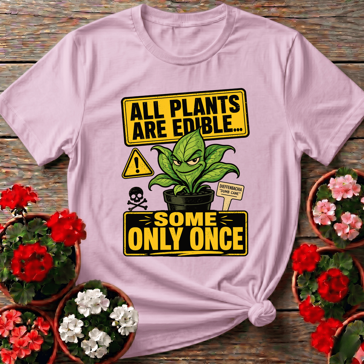 Light Pink retro dark-humor gardening tee with bold Dieffenbachia warning graphic for plant-obsessed gift giving