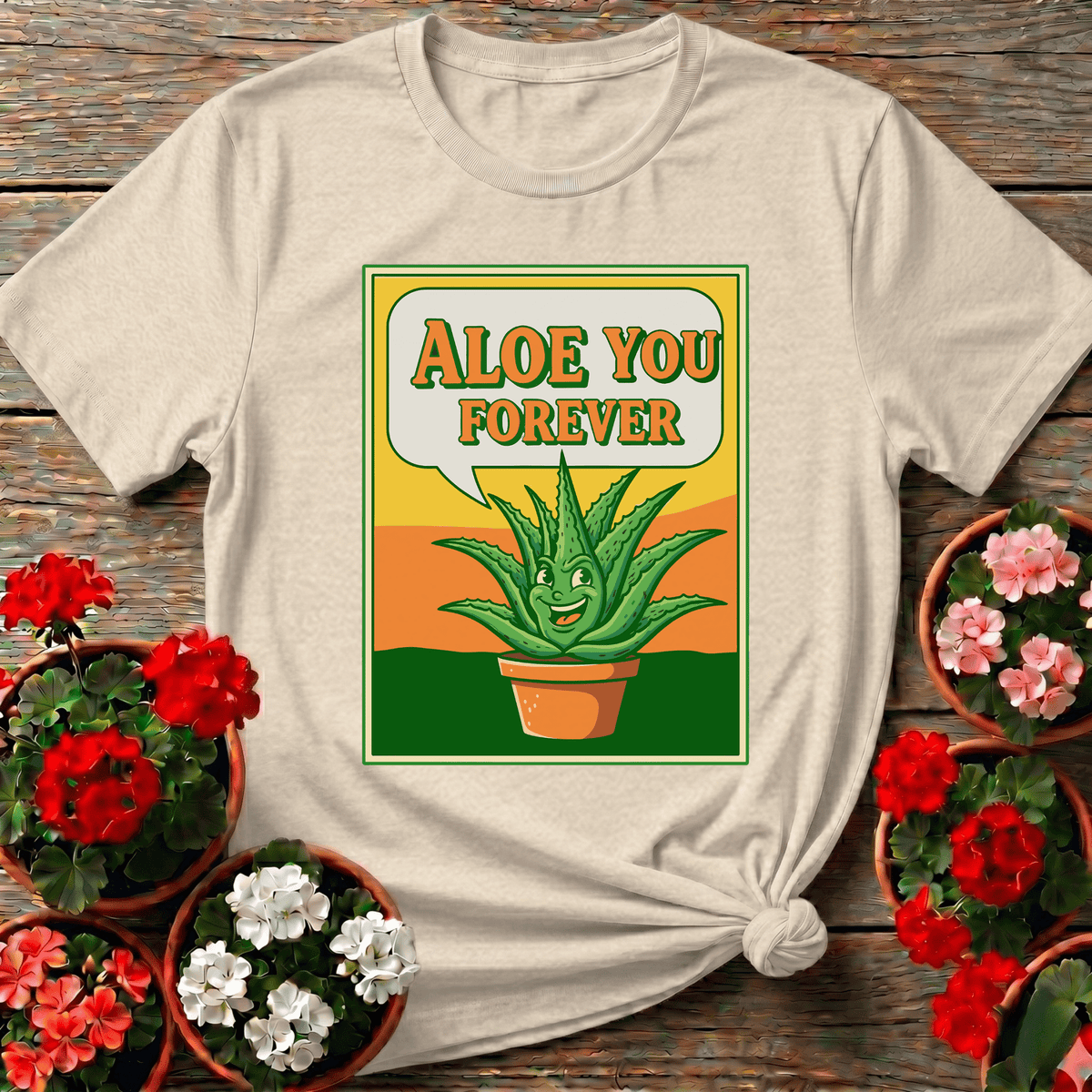 Natural cottagecore illustrated aloe vera top with "Aloe You Forever" for succulent enthusiasts