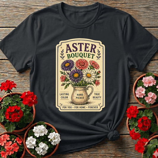 Black vintage seed packet aster bouquet gardening tee with hand-picked floral label design for cottagecore gardeners
