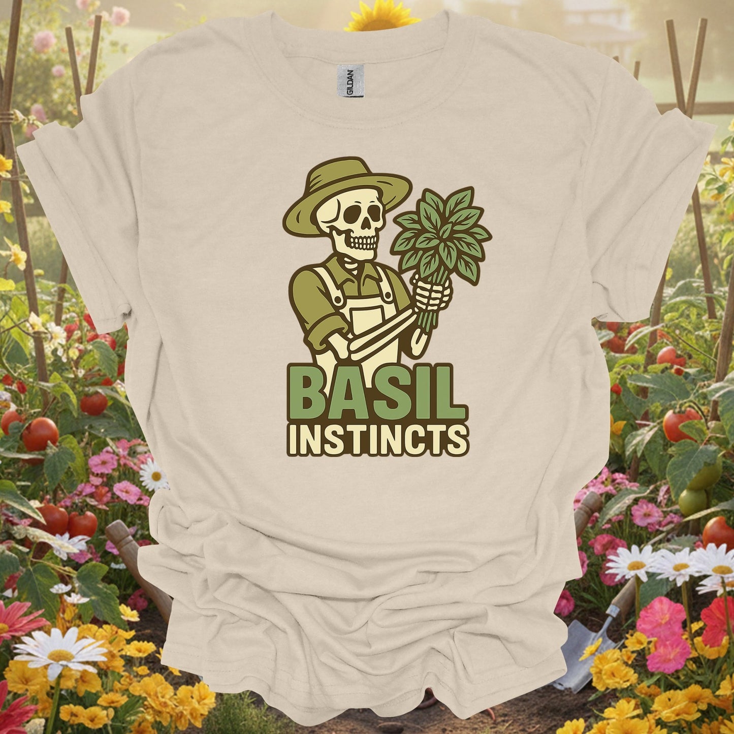 "Basil Instincts" Funny Skeleton Gardener T-Shirt - GardeningTshirts