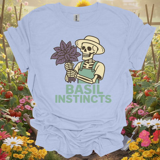 "Basil Instincts" Funny Skeleton Gardener T-Shirt - GardeningTshirts