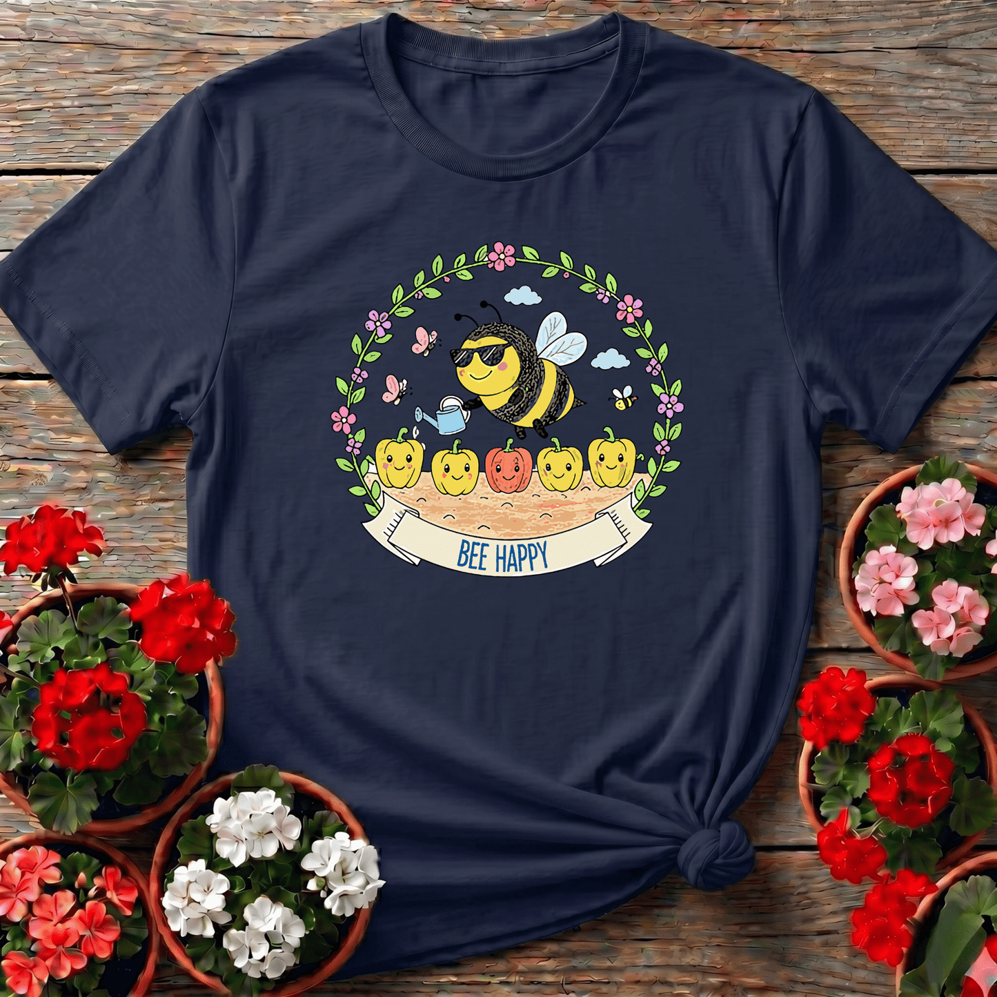 Bee Happy Gardening Tee with Cute Bee Watering Peppers - GardeningTshirts