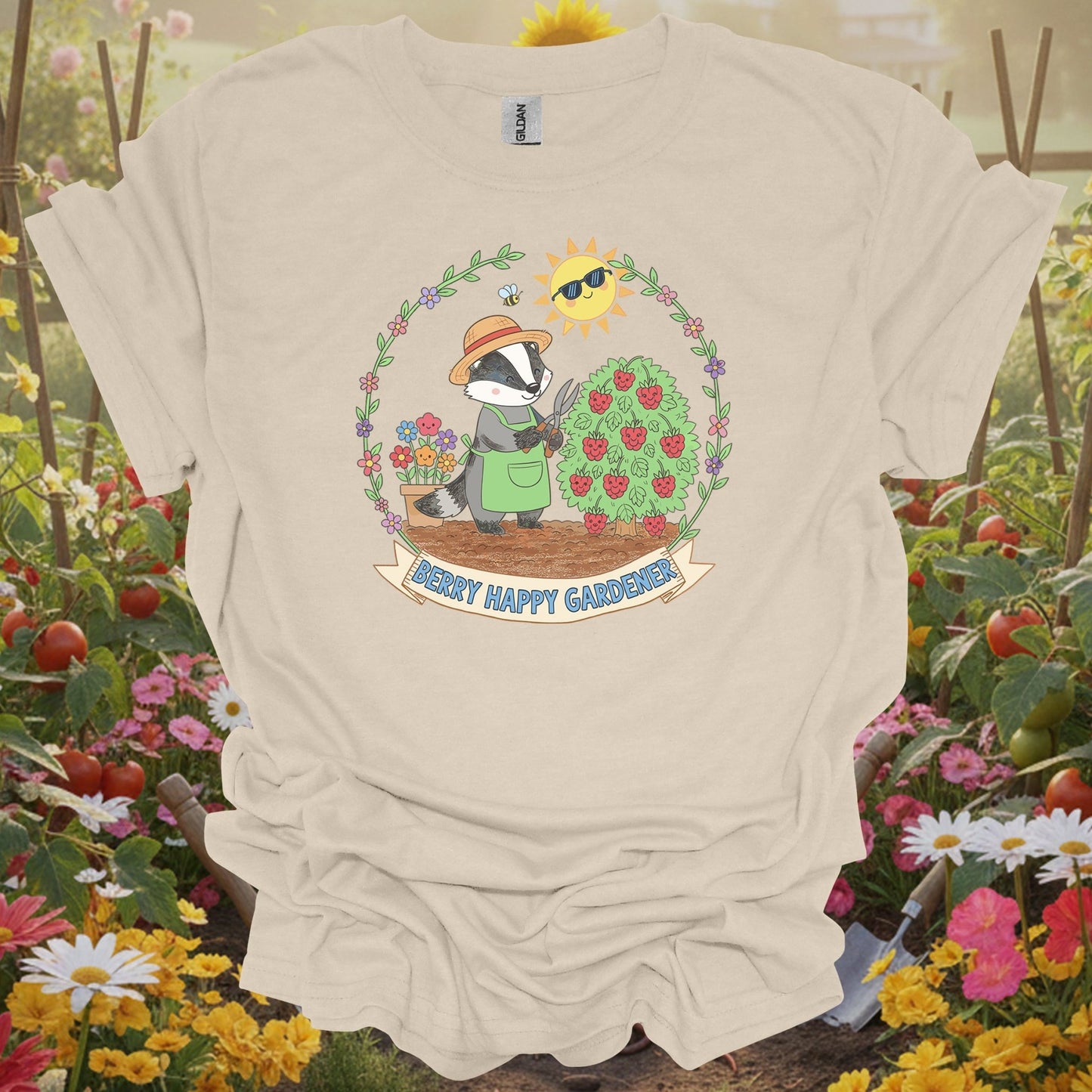 Natural tshirt showing : berry happy gardener badger harvesting berries for people who love plants