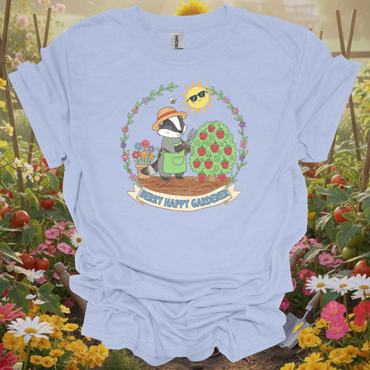 LIght blue tee showing : berry happy gardener badger harvesting berries for plant lovers