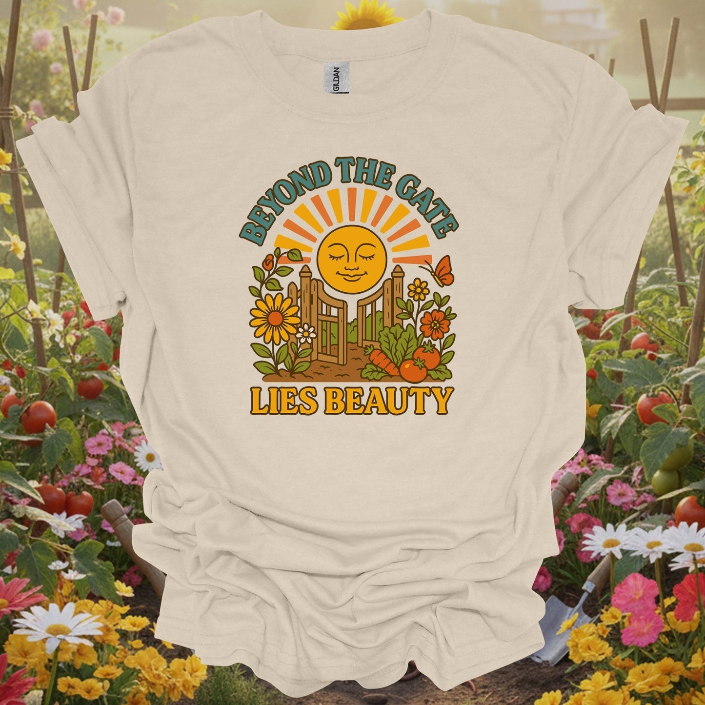 Natural tshirt showing beyond the gate lies beauty retro garden for people who love plants