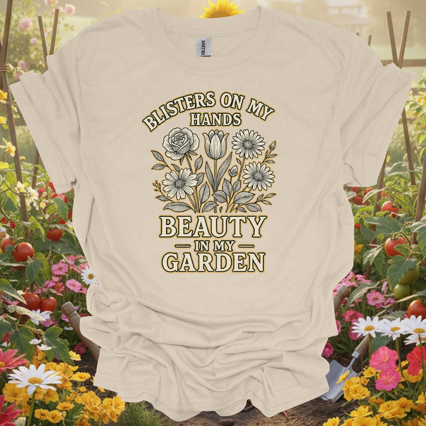 Blisters on My Hands, Beauty in My Garden–an elegant gardening t-shirt - GardeningTshirts