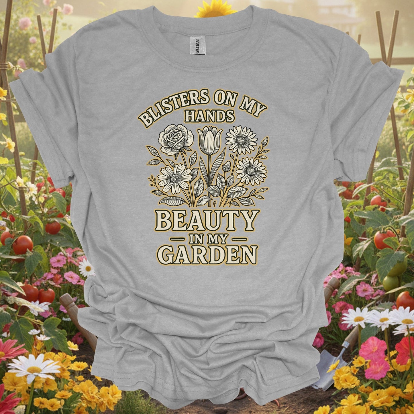 Blisters on My Hands, Beauty in My Garden–an elegant gardening t-shirt - GardeningTshirts